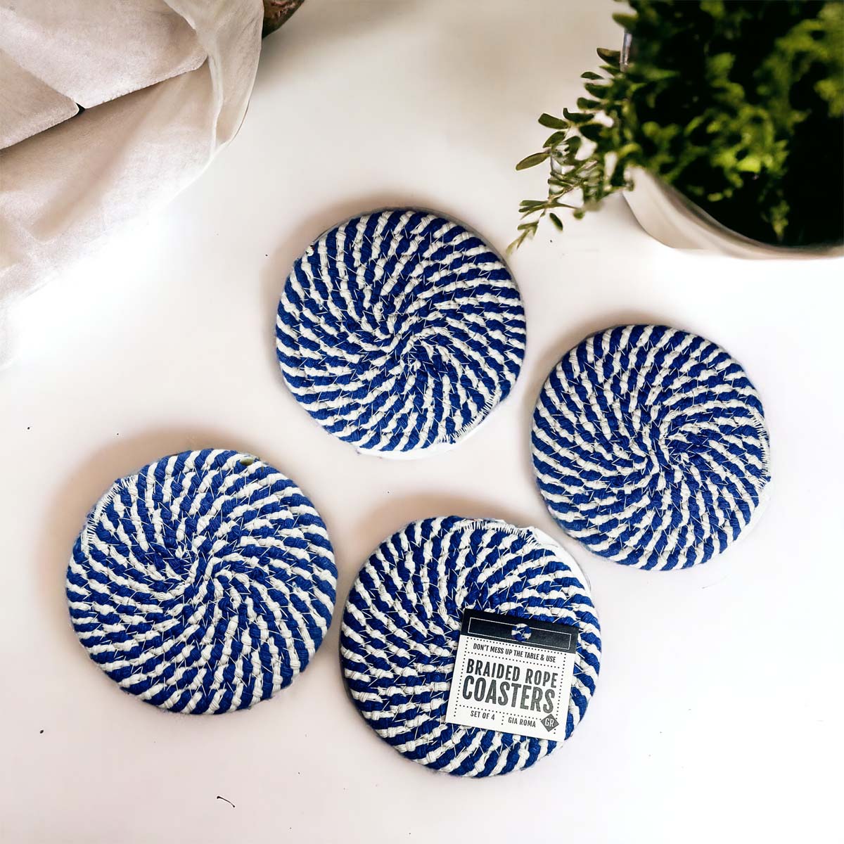 Dessous de Verre Tressés Bleus pour les Fêtes, Lot de 4, à Rayures Canne à Sucre, Protections de Table, Tapis Absorbants pour Boissons