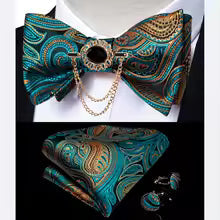 Business Elegant Gold Black Pattern Elegant Wedding Silk Bowtie Men Butterfly Fashion Bow Ties Pocket Square Classic Business Tuxedo Wedding Bowties Handkerchief Set