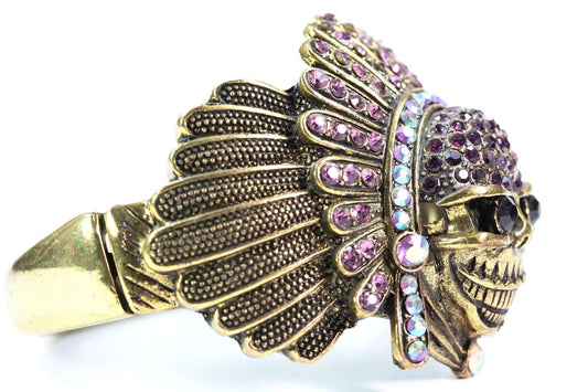 Bracelet Jonc Tête de Chef Indien Crâne Doré Vintage Coiffe en Cristal