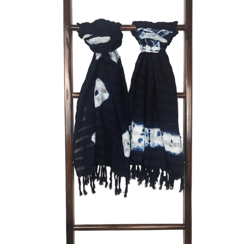 Indigo Streifen Baumwollschal Oversized Leicht Handgefärbt Reise-Wickeltuch