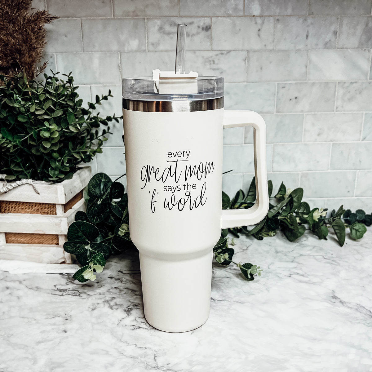 Insulated 40oz Travel Tumbler Mom Says The F Word Handle Lid Straw Gift