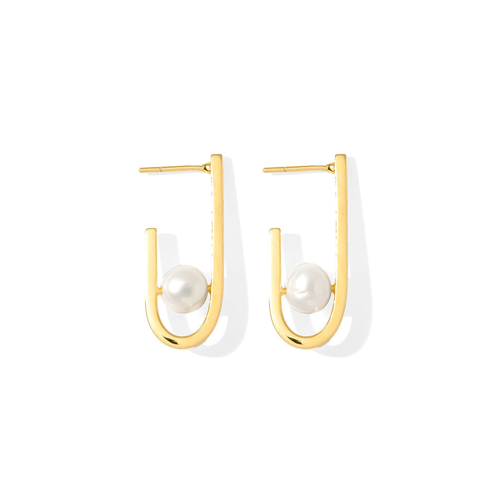 Boucles d'oreilles créoles J Perle d'eau douce Plaqué or Coquillage recyclé Minimaliste