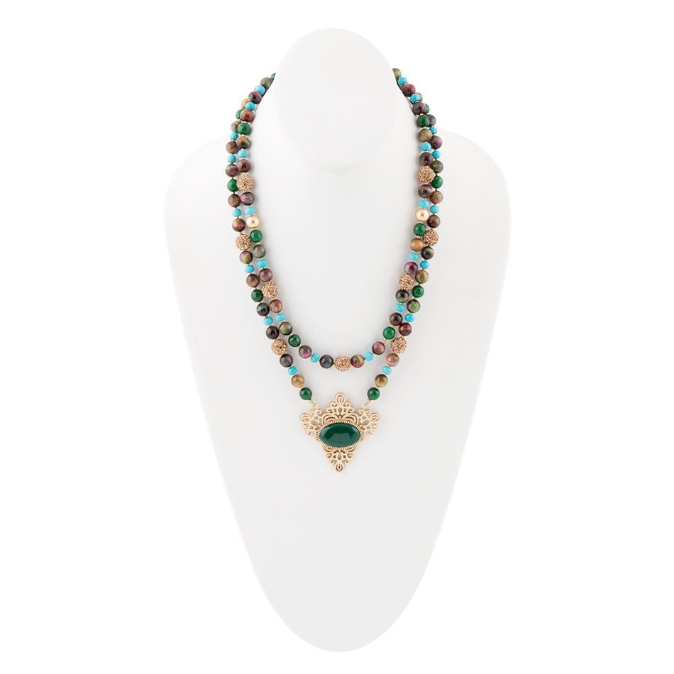 Colliers à Pendentif en Or, Œil de Tigre Orné de Bijoux et Onyx Vert