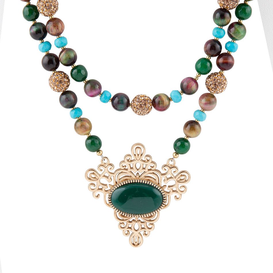 Colliers à Pendentif en Or, Œil de Tigre Orné de Bijoux et Onyx Vert