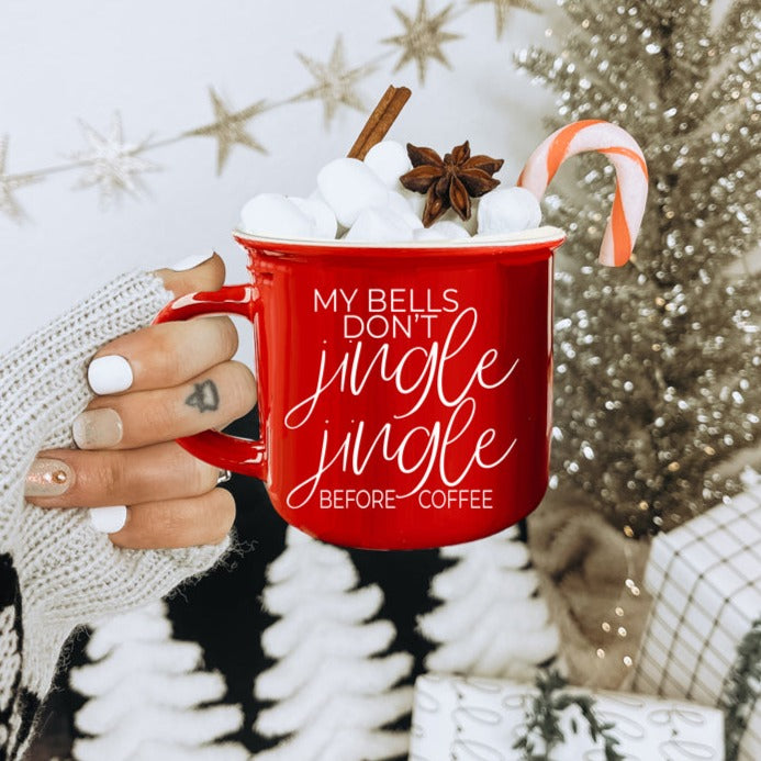 Jingle Jingle Keramik-Lagerfeuertasse 430ml Rot oder Grün, doppelseitige weiße Schrift, mikrowellengeeignet