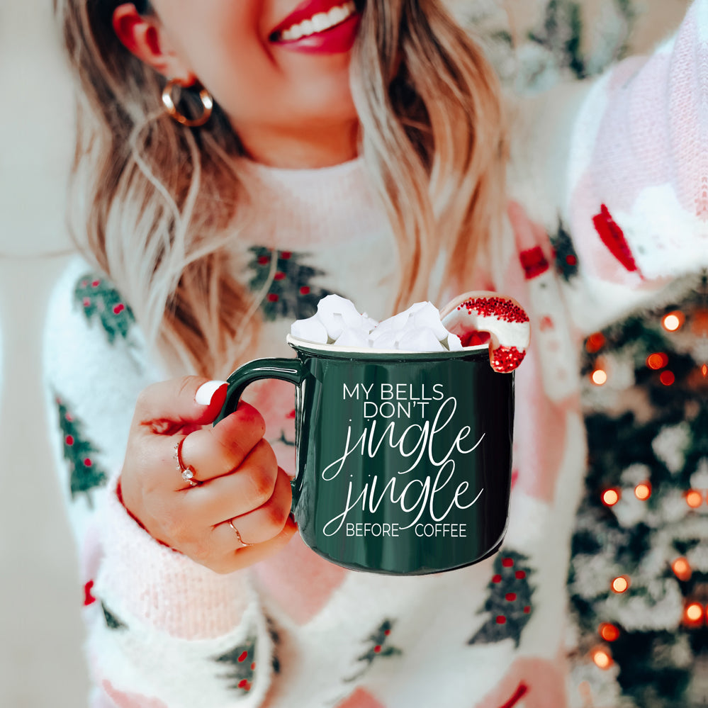 Jingle Jingle Ceramic Campfire Mug 14.5oz Red Or Green, Double Sided White Lettering, Microwave Safe