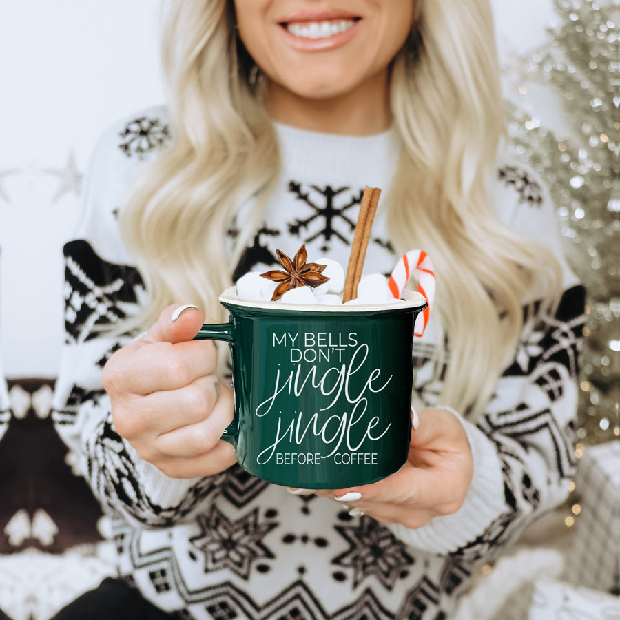 Jingle Jingle Keramik-Lagerfeuertasse 430ml Rot oder Grün, doppelseitige weiße Schrift, mikrowellengeeignet