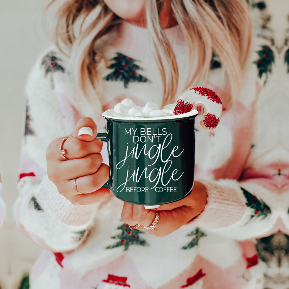Jingle Jingle Ceramic Campfire Mug 14.5oz Red Or Green, Double Sided White Lettering, Microwave Safe