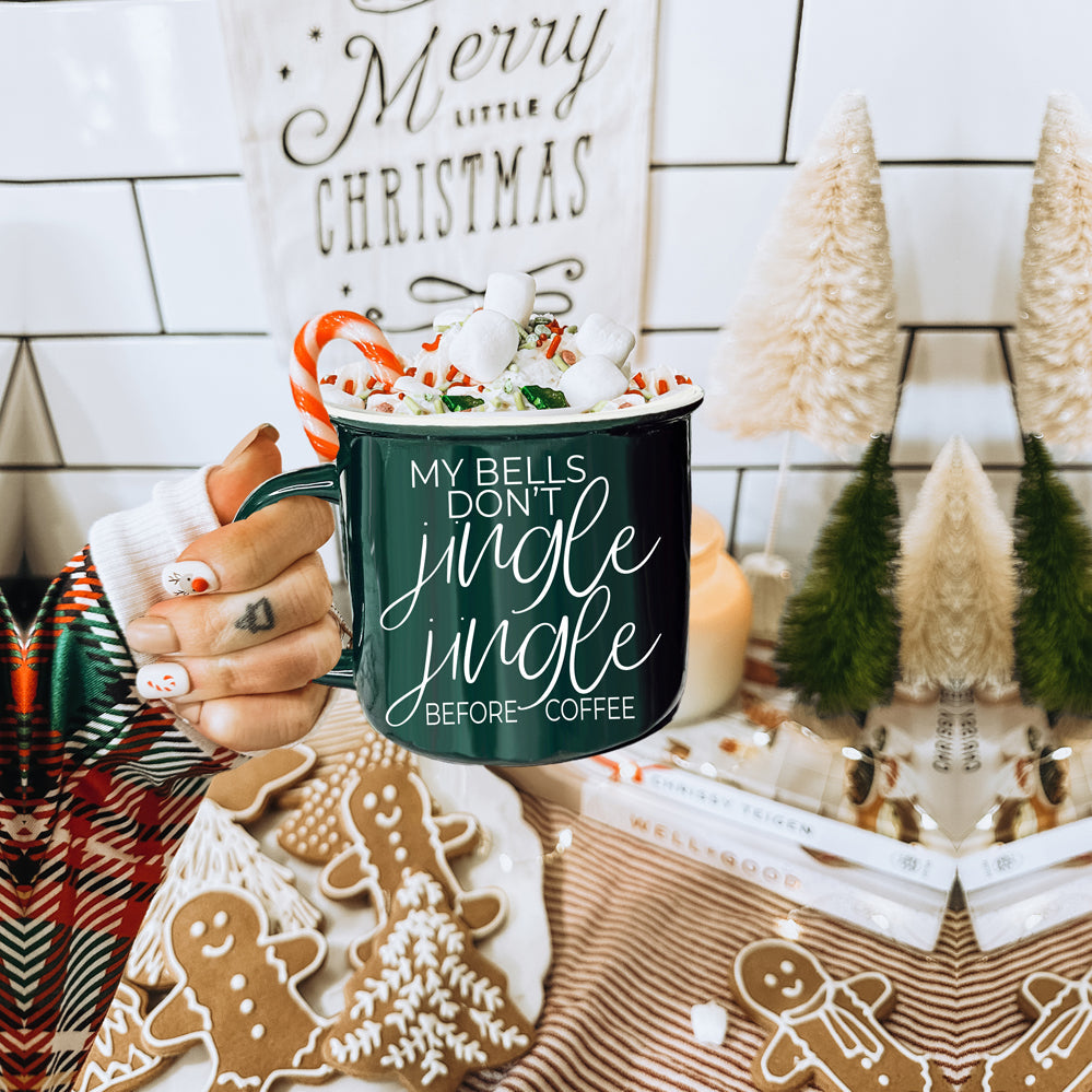 Jingle Jingle Keramik-Lagerfeuertasse 430ml Rot oder Grün, doppelseitige weiße Schrift, mikrowellengeeignet