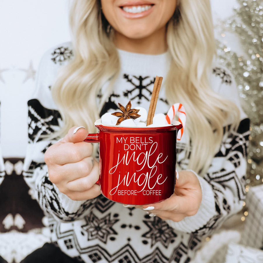 Jingle Jingle Keramik-Lagerfeuertasse 430ml Rot oder Grün, doppelseitige weiße Schrift, mikrowellengeeignet
