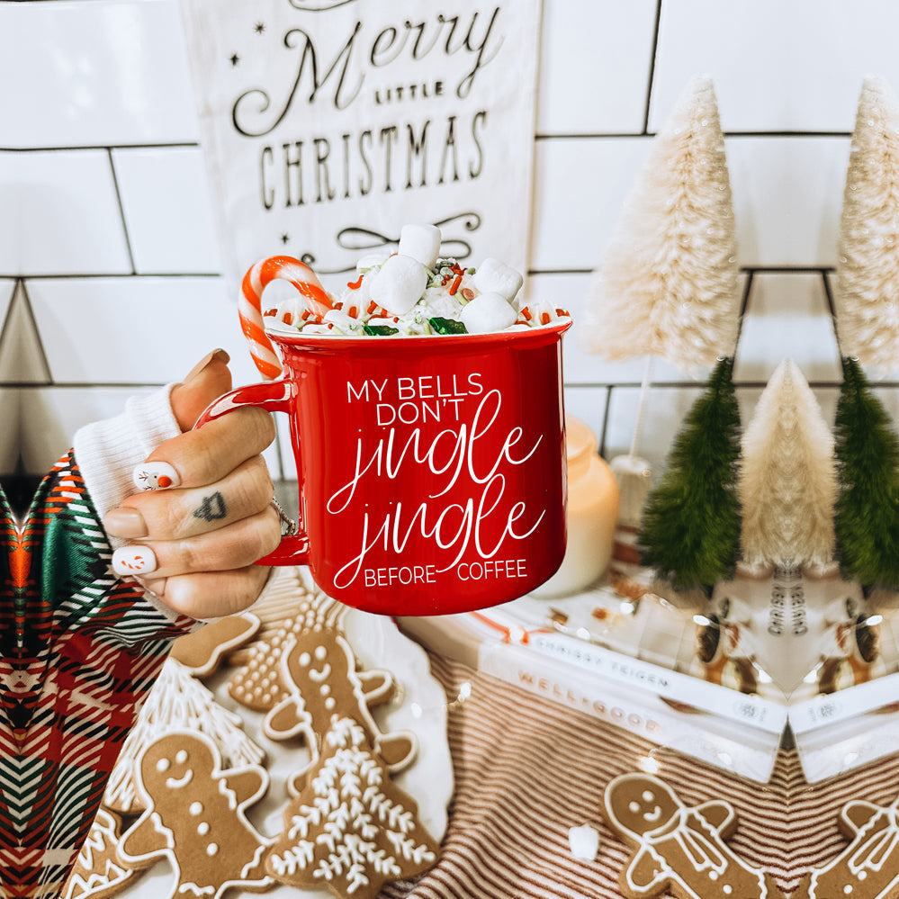 Jingle Jingle Ceramic Campfire Mug 14.5oz Red Or Green, Double Sided White Lettering, Microwave Safe