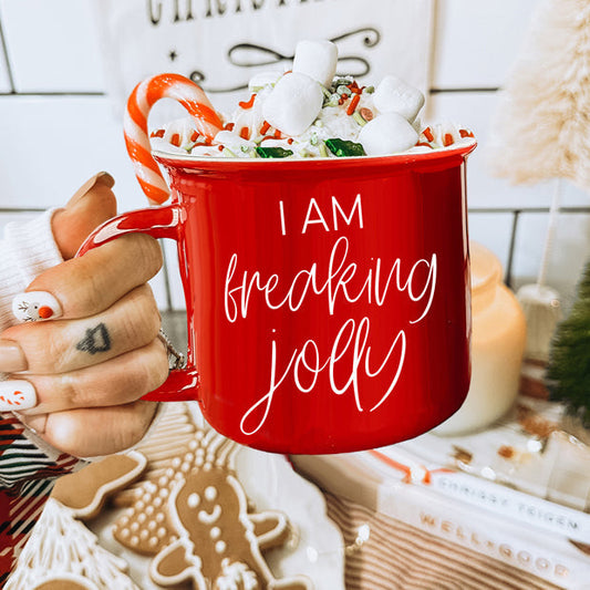 Mug de camping en céramique « Freaking Jolly » 414 ml rouge ou vert, lettres blanches double face, passe au micro-ondes