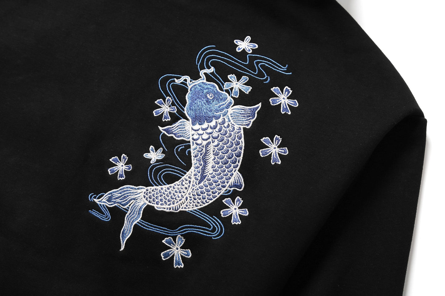 KH9015 Blauer Koi-Stickerei-Kapuzenpullover