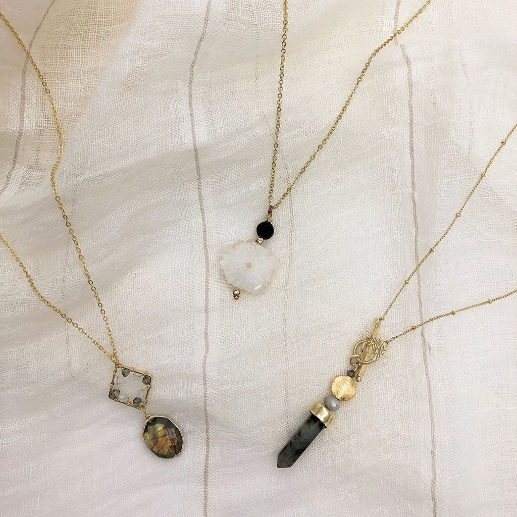 Labradorite Lariat Necklace Large Pendant Satellite Chain Bar Circle Closure