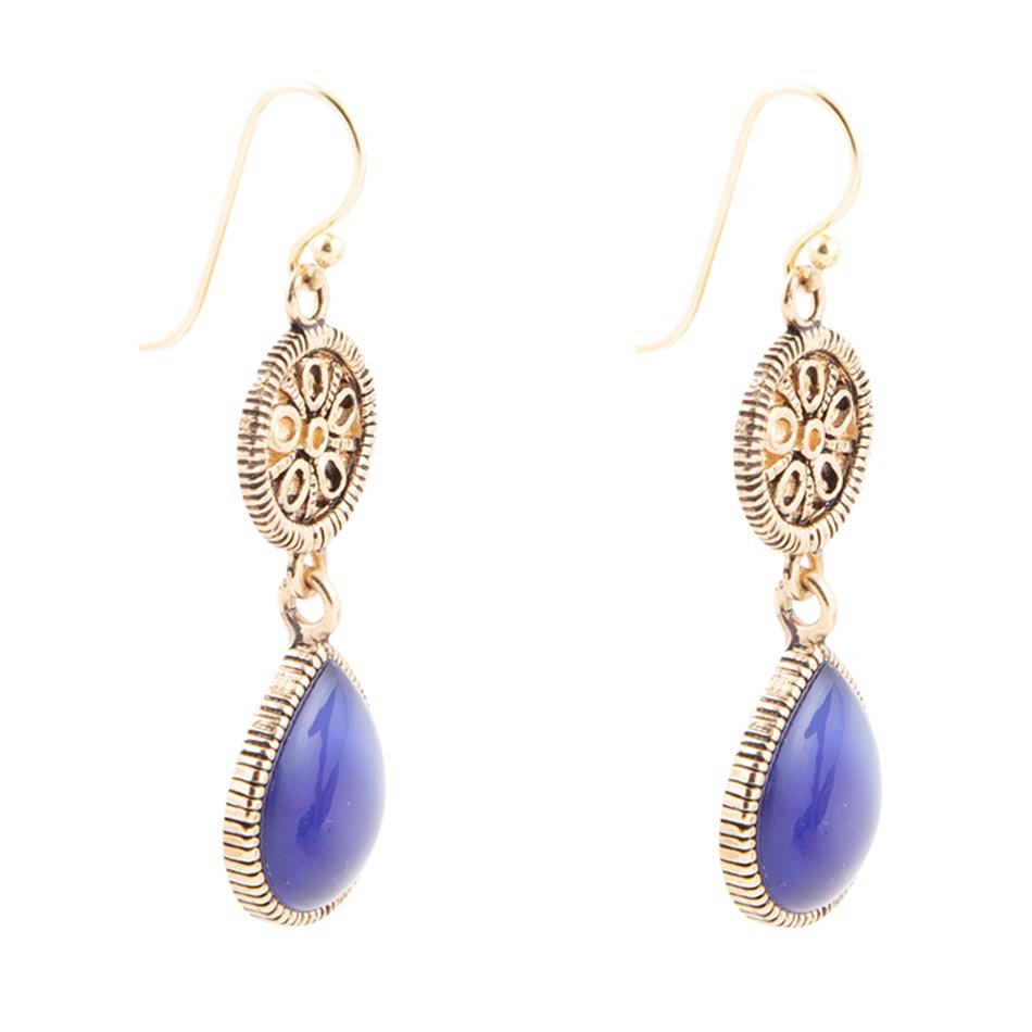 Boucles d'oreilles pendantes dorées Agate Bleue Dentelle