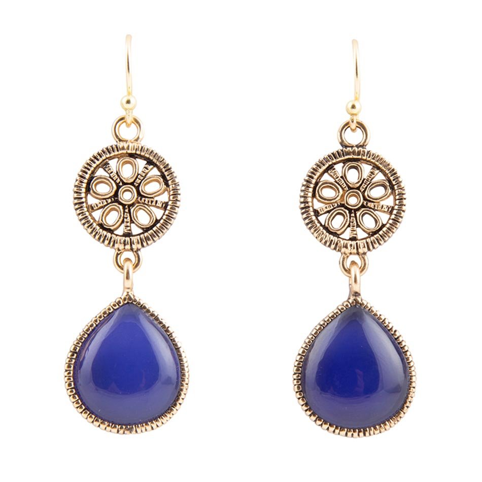 Boucles d'oreilles pendantes dorées Agate Bleue Dentelle
