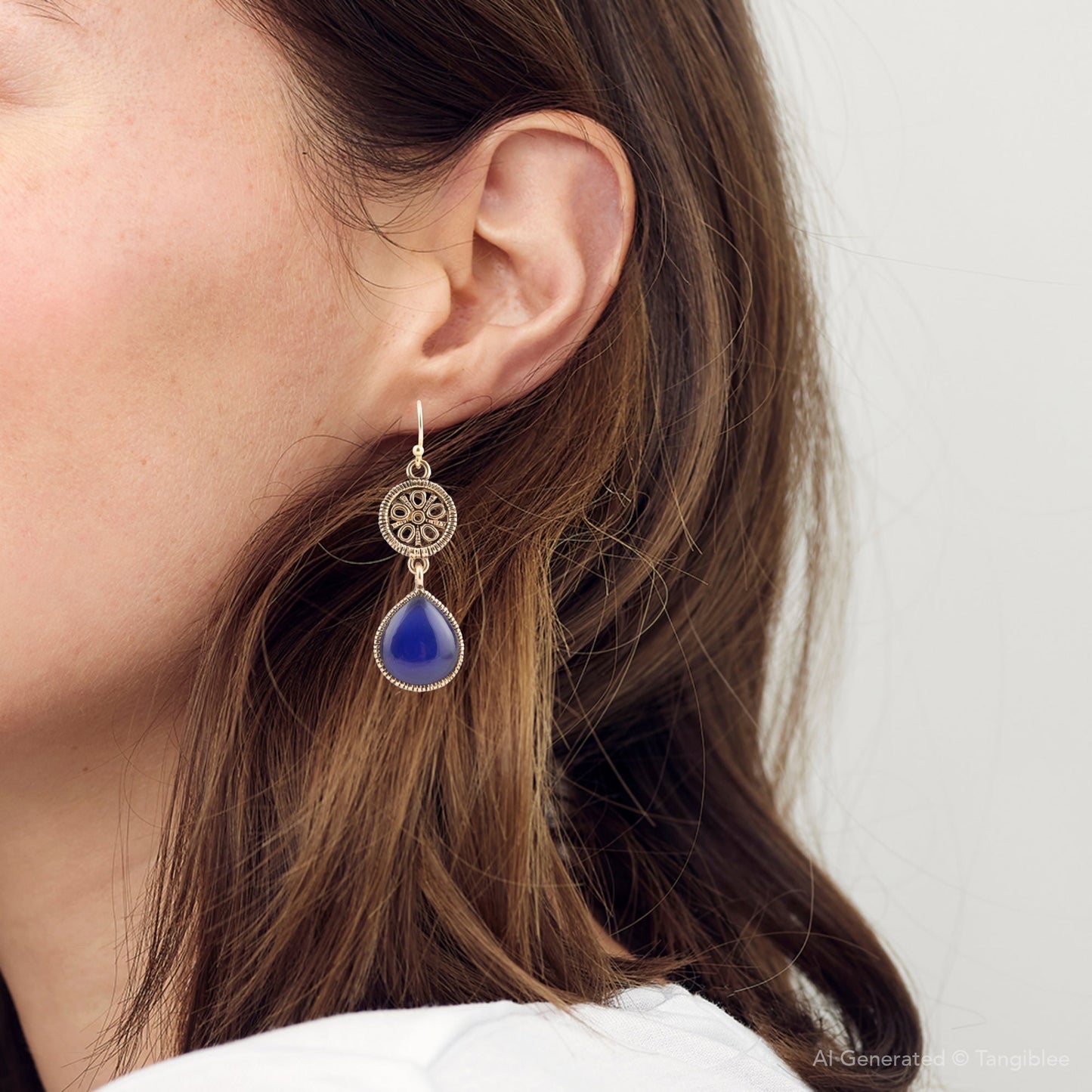 Boucles d'oreilles pendantes dorées Agate Bleue Dentelle
