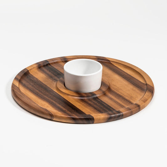 Large Acacia Wood Chip And Dip Serving Tray With Ceramic Bowl Dishwasher Safe