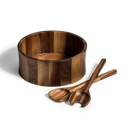 Grand saladier en bois d'acacia 25x10 cm avec couverts de service, fabriqué à la main