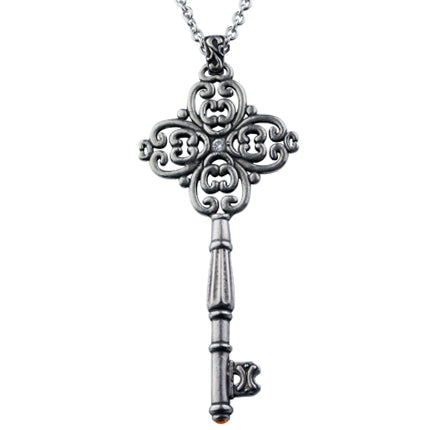 Large Antique Silver Filigree Key Necklace Pendant
