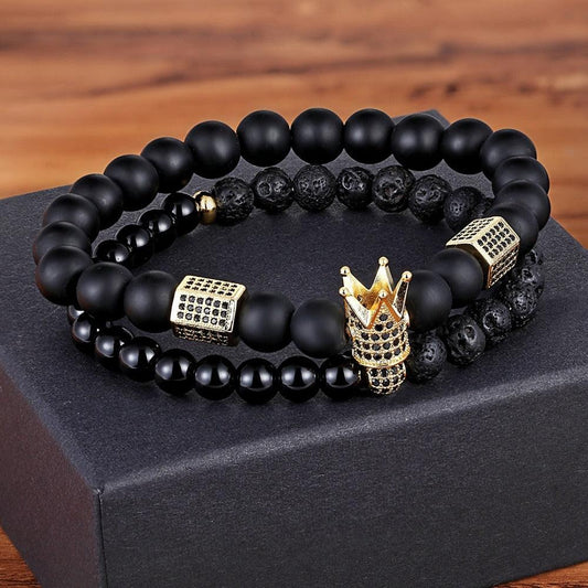 Lava Stone Combination Cubic Zircon Beads Bracelet Natural Red Tiger Eye Black Matte Onyx Stone Crown King Beads Bracelet For Men Women Fashion Charm Zircon Head Elastic Adjustable Bracelet Set Luxury Design
