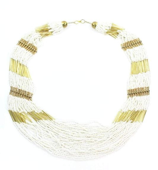 Layered White Bead Necklace With Gold Tube Accents
