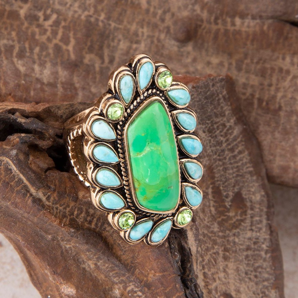 Statement-Ring in Limettengrün und Türkis mit Gold