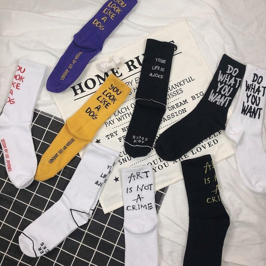 Letter Vintage Patterned Cute Unisex Crew Socks Fashion Funny Skateboard Cool Socks For Female Casual Soft Cotton Short Hipster Socks For Men And Women