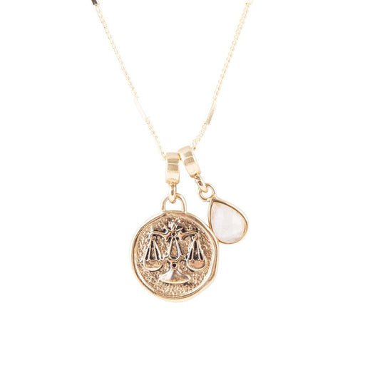 Waage – Sternzeichen Weißer Mondstein Goldener Charm-Halskette