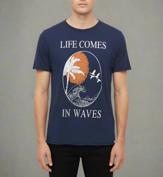 LIFE COMES IN WAVES on our 4 Corners Crew neck (Navy)