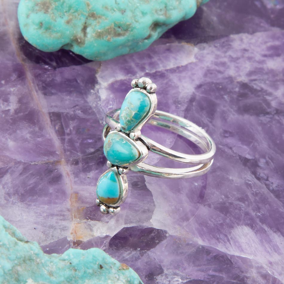 Ring aus linearem Dreifach-Stein, blauem Türkis und Sterlingsilber