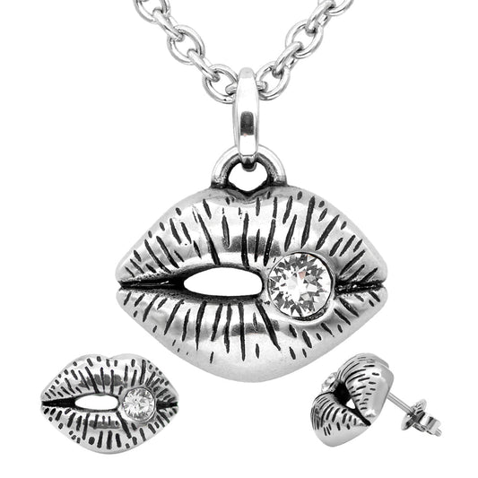 Lips Pendant Necklace And Stud Earrings Set With Crystal