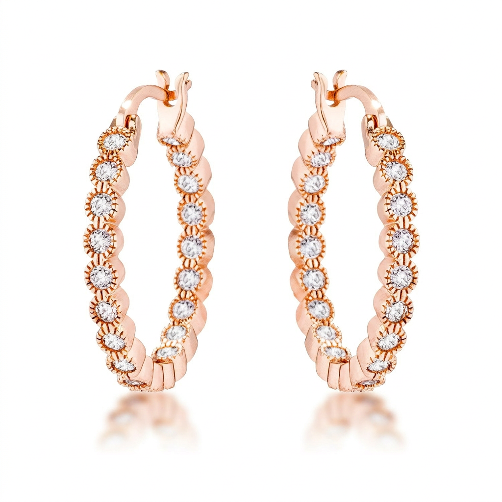 Avera Dotted CZ Round Bezel Hoop Earrings in Pink