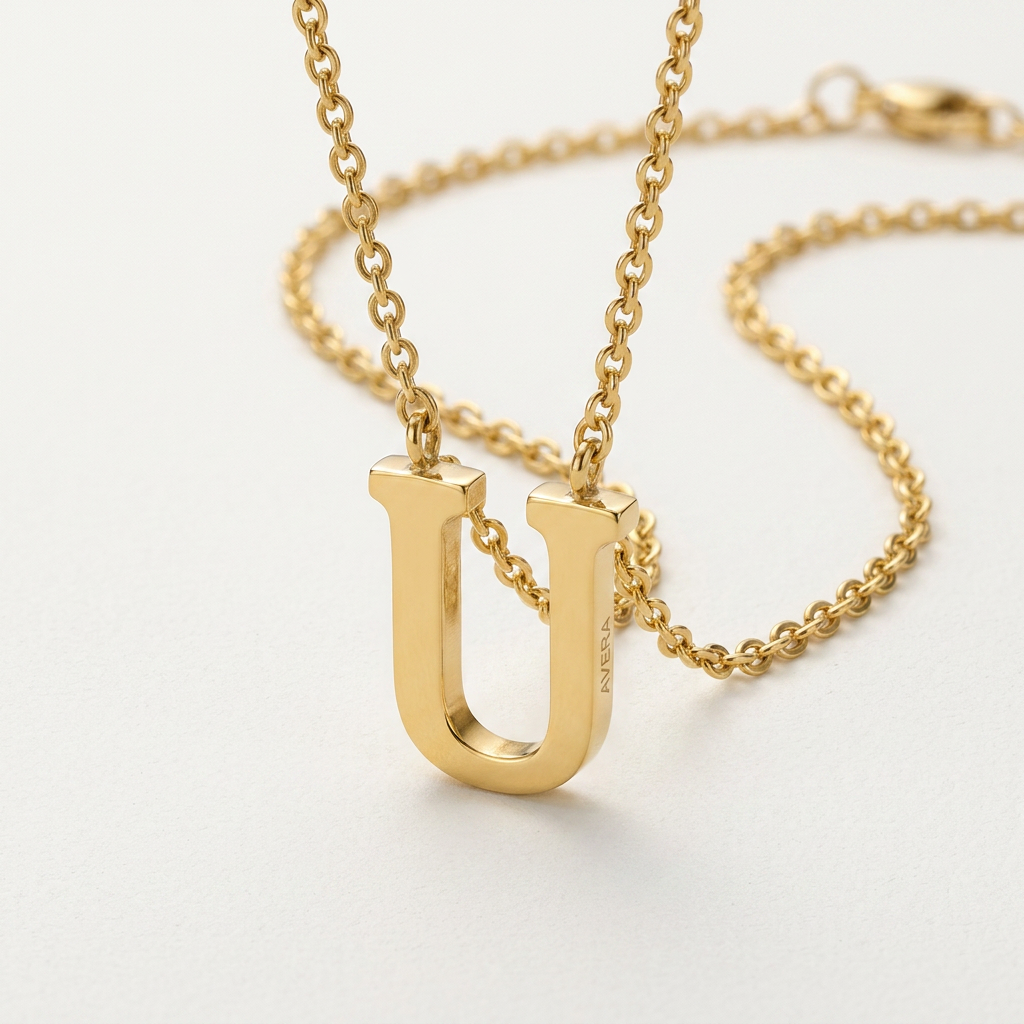 Avera Elaina Stainless Steel U Initial Necklace Gold Pendant