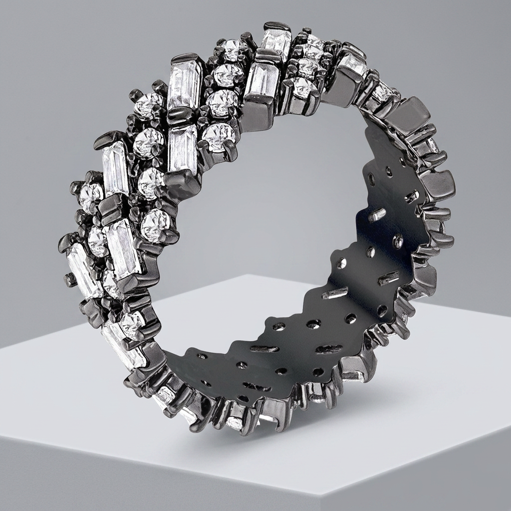 Avera Hematite Cz Alternating Baguette Round Eternity Band