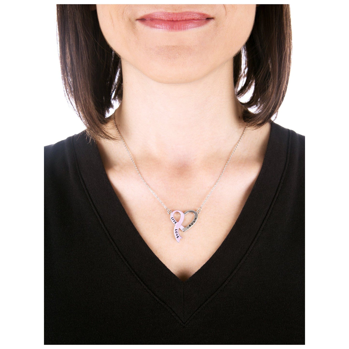 Live, Laugh, Love Pink Ribbon Heart Necklace