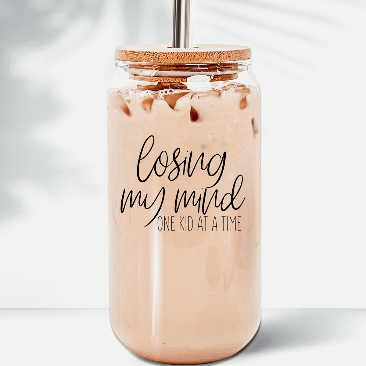 Verre Tumbler 17oz "Losing My Mind" avec couvercle en bambou, pailles en acier inoxydable, brosse de nettoyage, cadeau