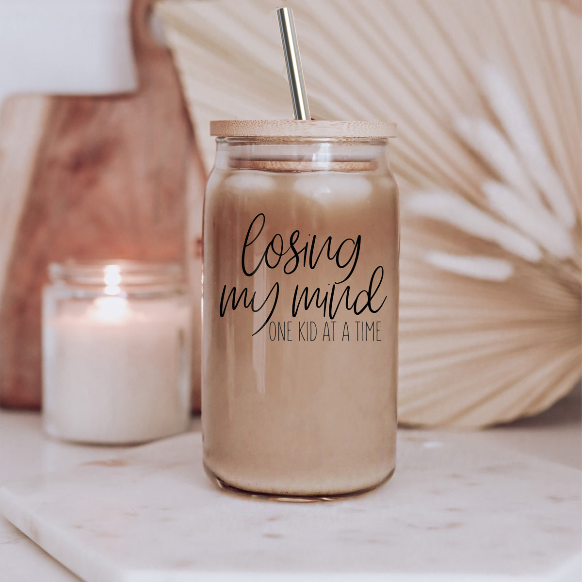 Verre Tumbler 17oz "Losing My Mind" avec couvercle en bambou, pailles en acier inoxydable, brosse de nettoyage, cadeau