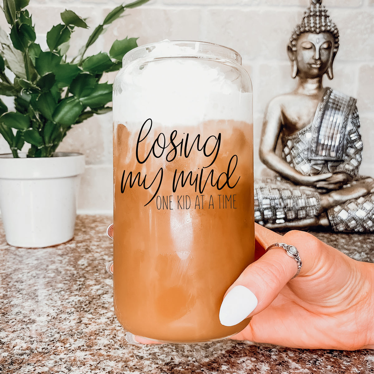 Verre Tumbler 17oz "Losing My Mind" avec couvercle en bambou, pailles en acier inoxydable, brosse de nettoyage, cadeau