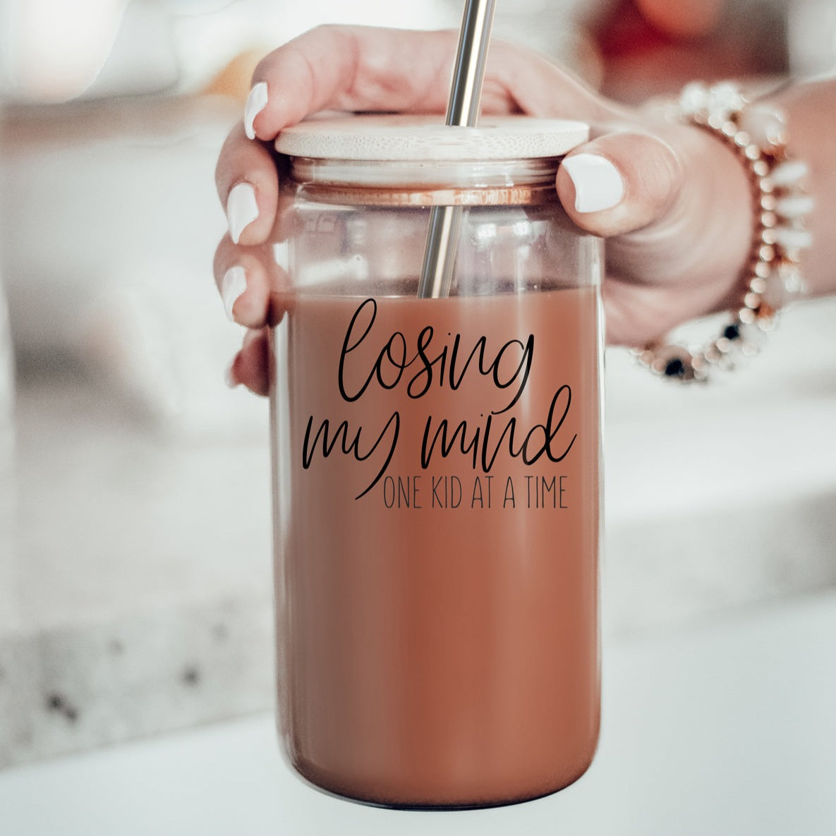 Verre Tumbler 17oz "Losing My Mind" avec couvercle en bambou, pailles en acier inoxydable, brosse de nettoyage, cadeau
