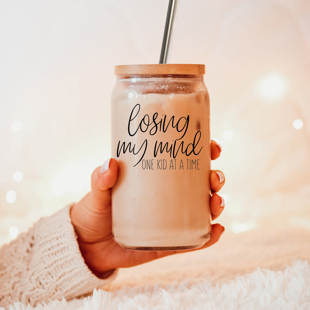 Verre Tumbler 17oz "Losing My Mind" avec couvercle en bambou, pailles en acier inoxydable, brosse de nettoyage, cadeau