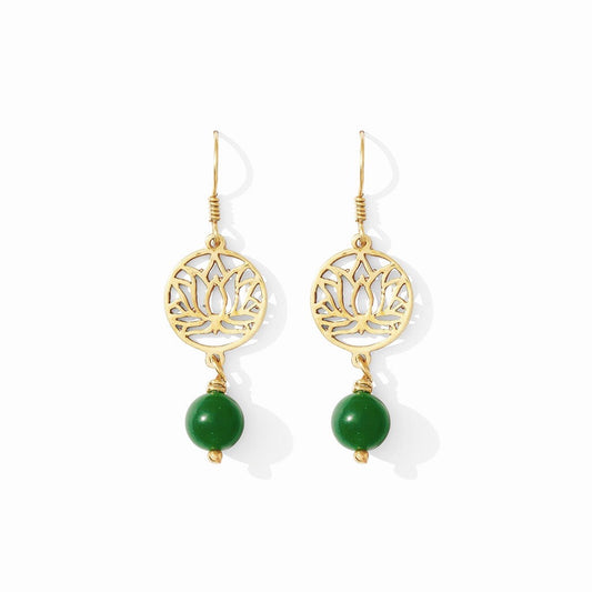 Boucles d'oreilles pendantes Lotus Perles en verre émeraude Laiton recyclé Bijoux Bombshell