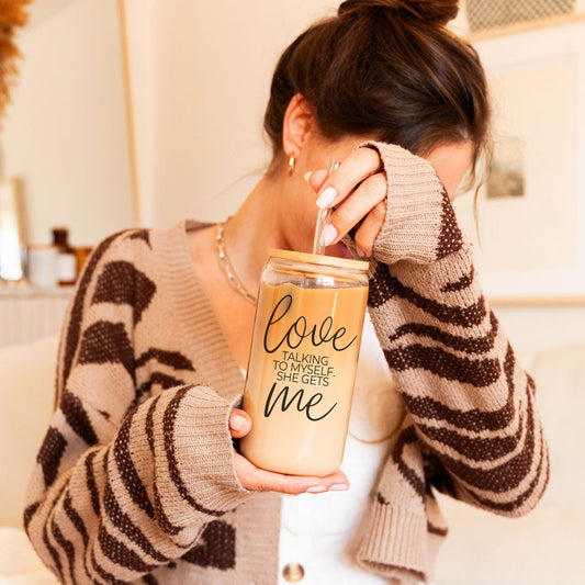 Tasse en verre de 20 oz « Love Talking To Myself » avec couvercle en bambou - Mug pour prendre soin de soi