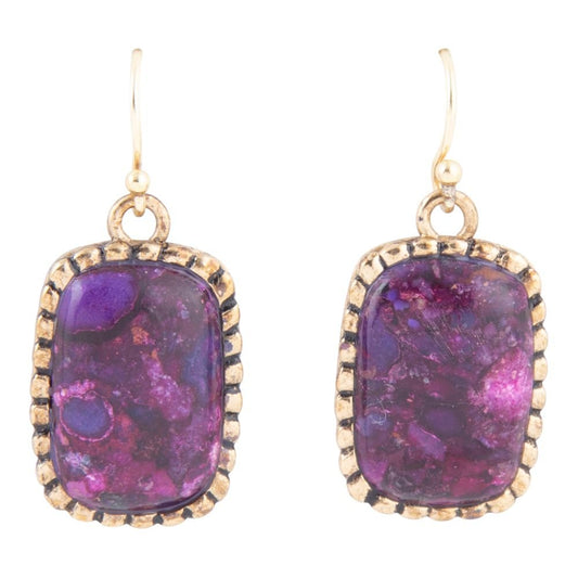 Boucles d'oreilles pendantes dorées, turquoise et violettes lumineuses