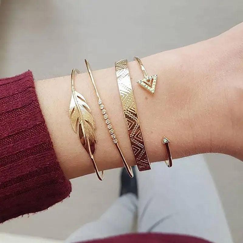 Luxruy Modern Bohemian Gold Color Moon Leaf Crystal Opal Open Bracelet Set for Women In Boho Beach Bangle Jewelry Style