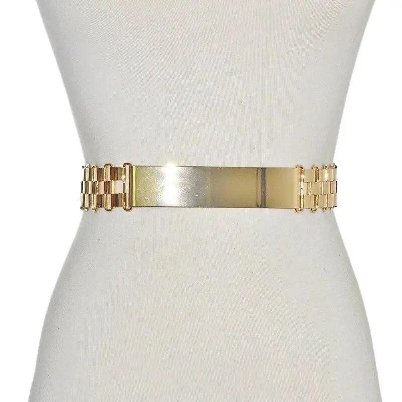 Luxurious Gold Wide Strap Elastic Belts For Women Elegant Metal Polished Plain Gold Belt Black Wide Strap Waistband for Women