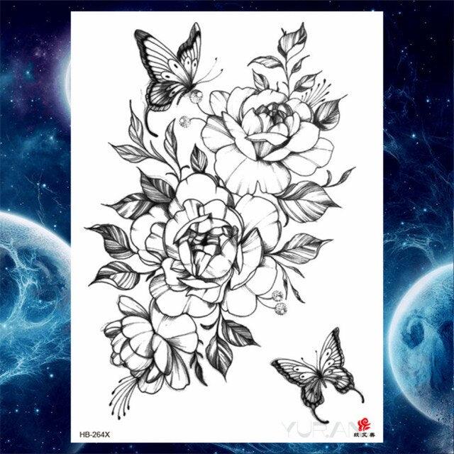 Luxury Big Tattoo Stickers Butterfly Body Arm Leg Tattoos Temporary Black Flower Rose Tattoos For Women's Adults