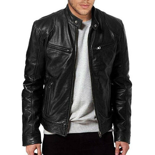 Luxury Black Motorcycle Jacket Classic Mens Slim Fit Short-Coat Collar PU Jackets Leather Jacket Vintage Collar Motorcycle PU Leather Winter Autumn Elegant Windproof Leather Coat For Men