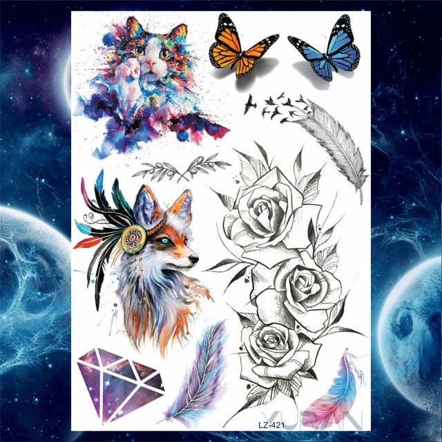 Luxury Colorful Flower Lavender Waterproof Temporary Tattoos Animals Arm Chest Tattoo Stickers Elegant Summer Style For Womens Mens