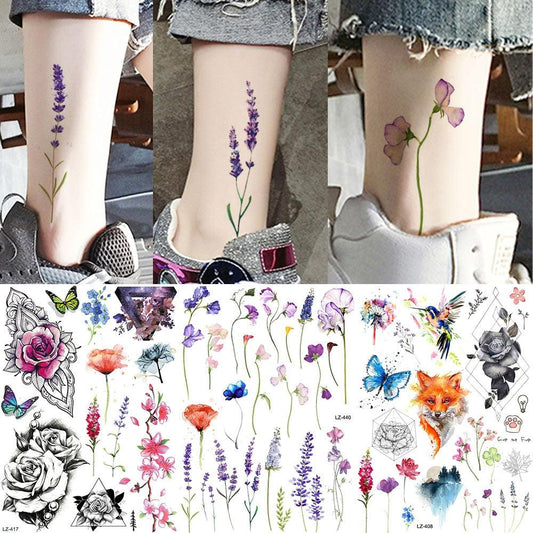 Luxury Colorful Flower Lavender Waterproof Temporary Tattoos Animals Arm Chest Tattoo Stickers Elegant Summer Style For Womens Mens
